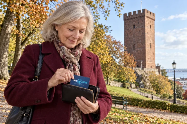 SkimSkydd RFID-skyddskort och plånbok i en vardagsscen utomhus vid Kärnan i Helsingborg
