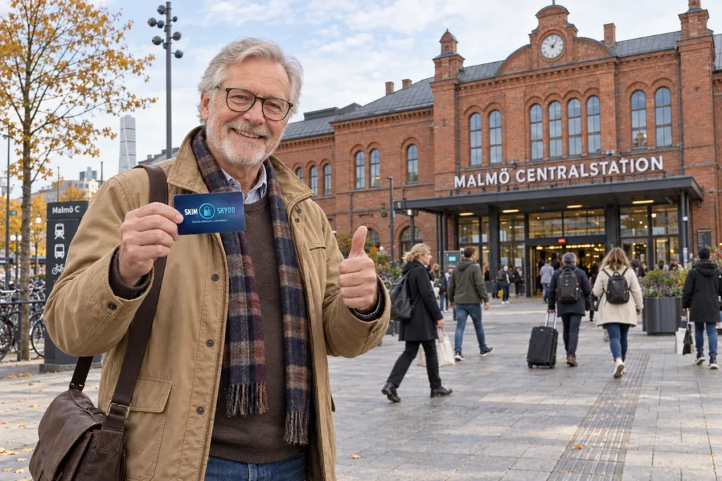 En person visar ett SkimSkydd RFID-skyddskort och gör tummen upp utanför Malmö centralstation