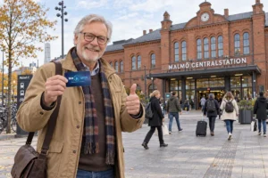 En person visar ett SkimSkydd RFID-skyddskort och gör tummen upp utanför Malmö centralstation