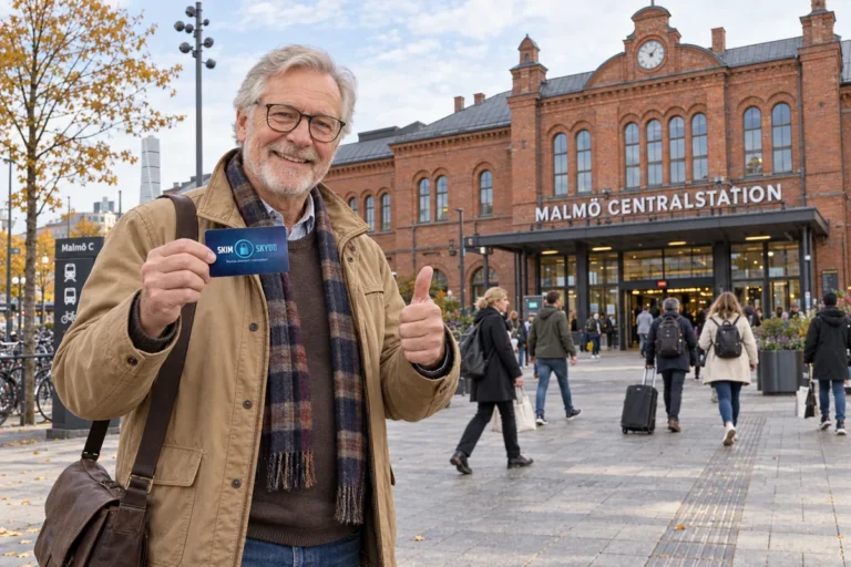 En person visar ett SkimSkydd RFID-skyddskort och gör tummen upp utanför Malmö centralstation
