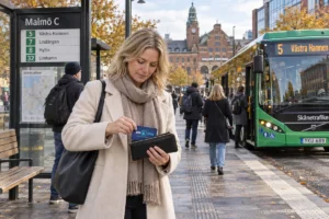 En person ordnar ett SkimSkydd RFID-skyddskort och bankkort i plånboken vid en busshållplats i Malmö