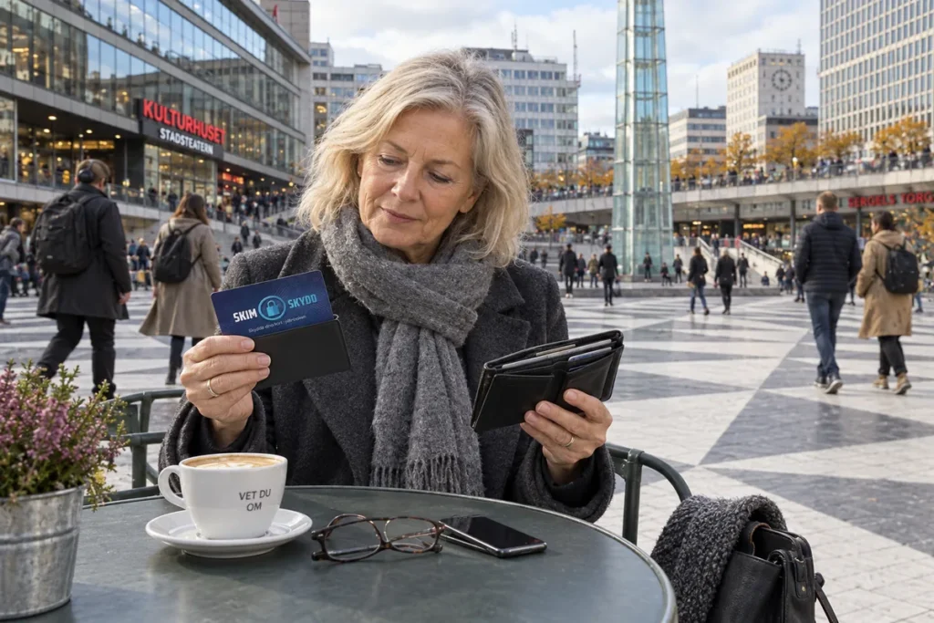 En person jämför kortförvaring på en uteservering vid Sergels torg i Stockholm