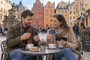 En person jämför kortförvaring på en uteservering på Stortorget i Stockholm