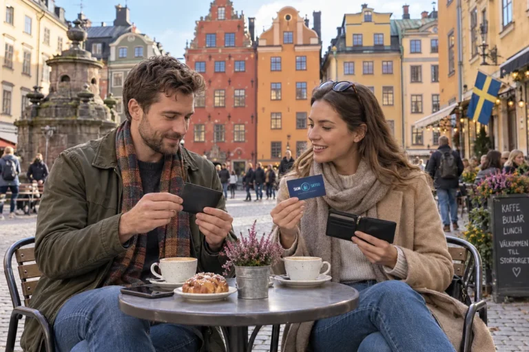 En person jämför kortförvaring på en uteservering på Stortorget i Stockholm