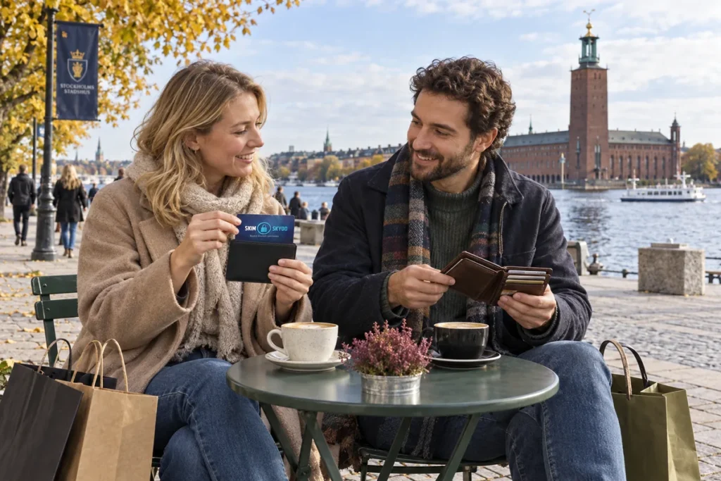 En person jämför kortförvaring på en uteservering vid Stockholms stadshus