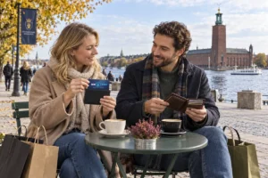 En person jämför kortförvaring på en uteservering vid Stockholms stadshus