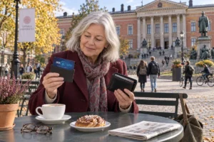 En person jämför kortförvaring på en uteservering vid Uppsala universitets huvudbyggnad