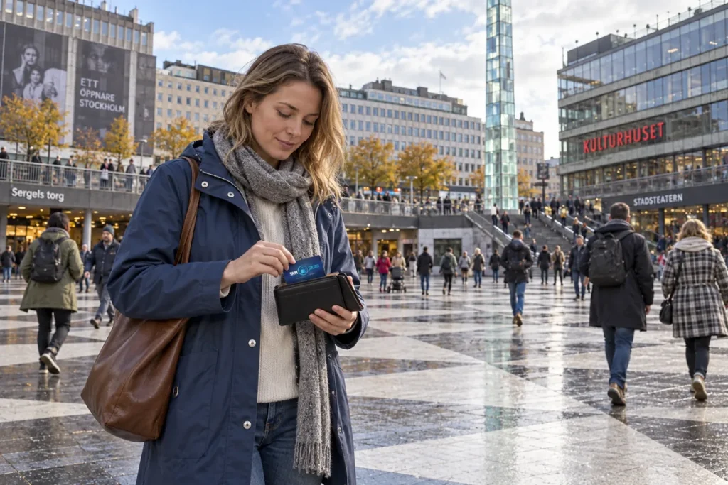 En person ordnar ett SkimSkydd RFID-skyddskort och bankkort i plånboken vid Sergels torg i Stockholm