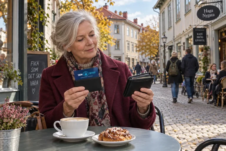 En person jämför kortförvaring på en uteservering på Haga Nygata i Göteborg