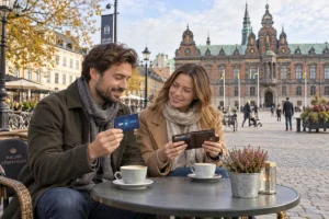 En person jämför kortförvaring på en uteservering på Stortorget i Malmö