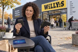 En person jämför kortförvaring på en uteservering utanför en Willys-butik i Sverige