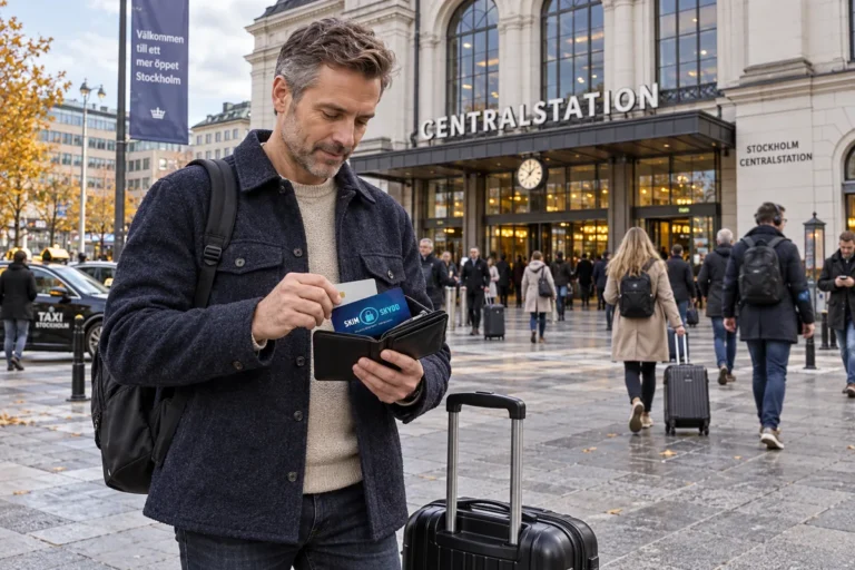 En resenär ordnar korten i plånboken utanför Stockholms centralstation