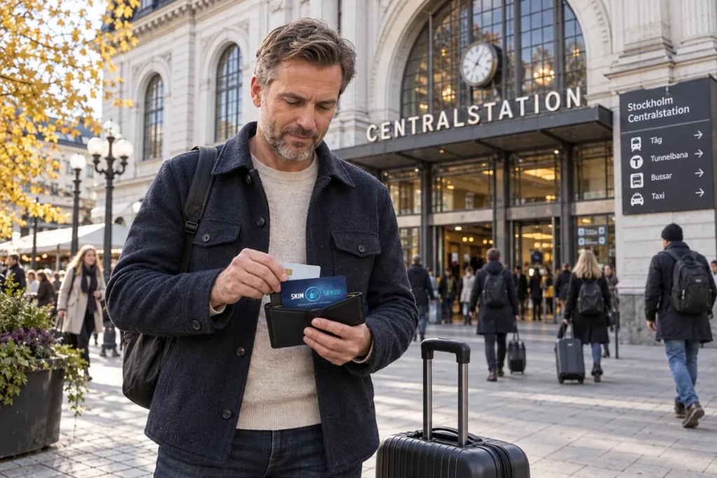 En resenär ordnar korten i plånboken utanför Stockholms centralstation
