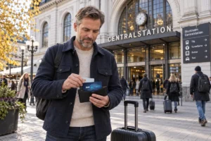 En resenär ordnar korten i plånboken utanför Stockholms centralstation
