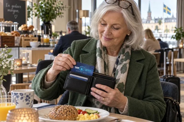 En person lägger ett SkimSkydd-kort i plånboken i ett hotells frukostrum