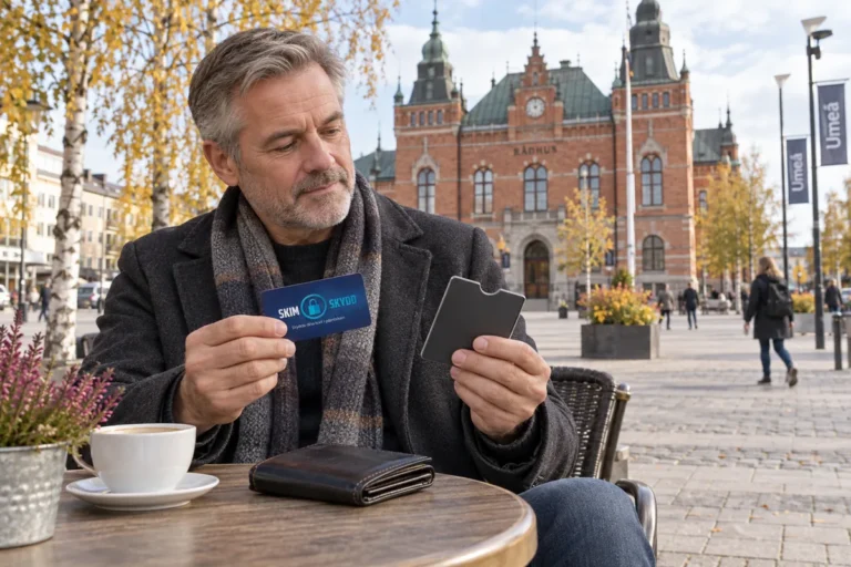 SkimSkydd RFID-skyddskort och plånbok i en vardagsscen utomhus vid Rådhustorget i Umeå