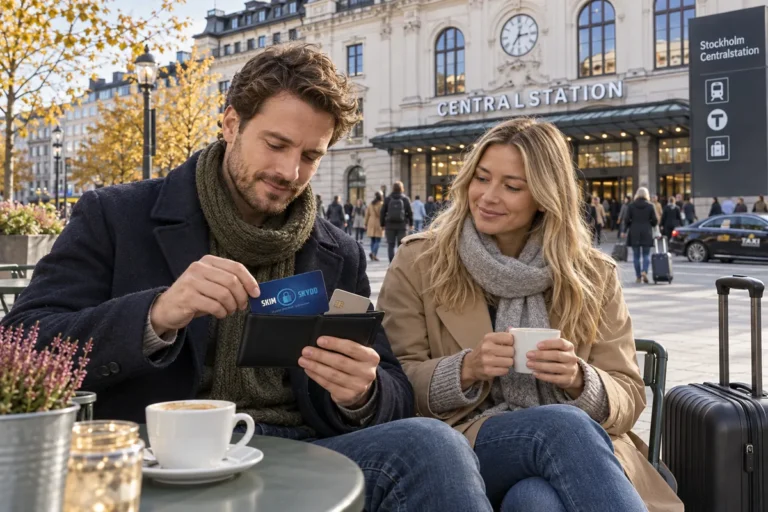 En resenär ordnar korten i plånboken utanför Stockholms centralstation