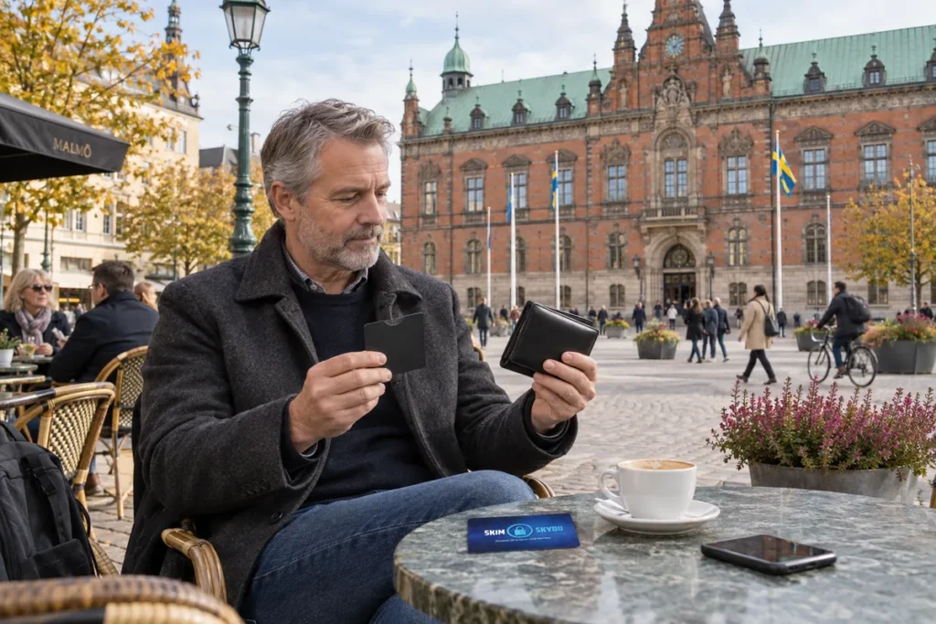 En person jämför kortförvaring på en uteservering på Stortorget i Malmö