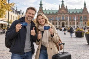 En person visar ett SkimSkydd RFID-skyddskort och gör tummen upp på Stortorget i Malmö