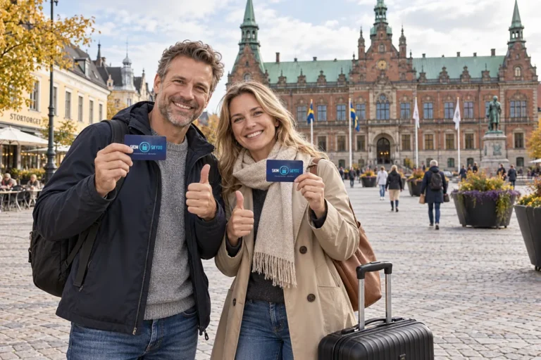 En person visar ett SkimSkydd RFID-skyddskort och gör tummen upp på Stortorget i Malmö