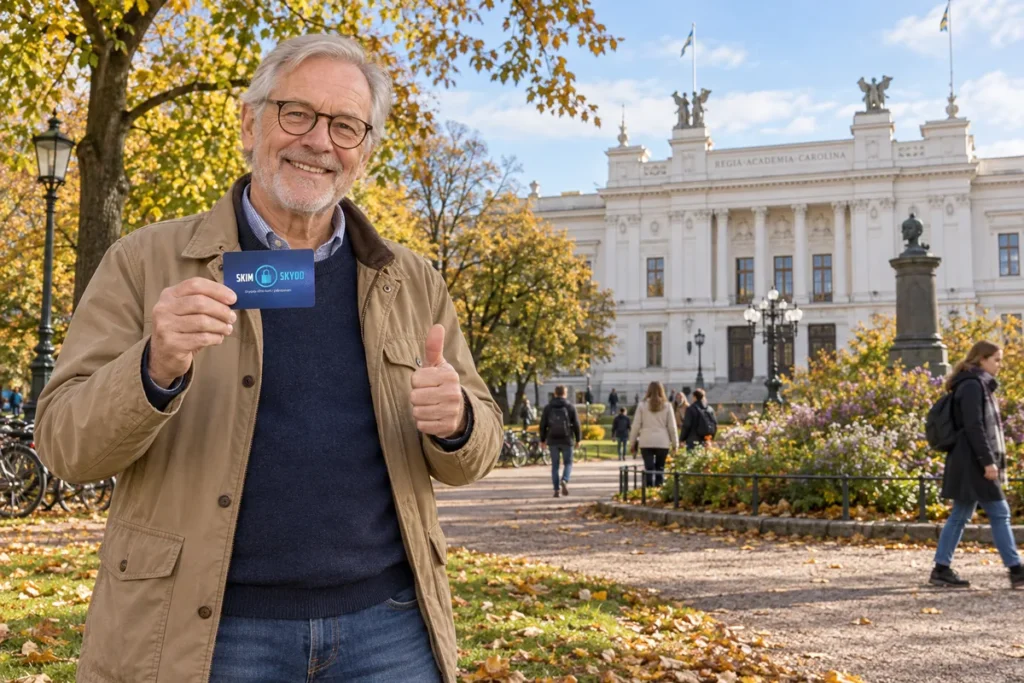 En person visar ett SkimSkydd RFID-skyddskort och gör tummen upp i Lundagård vid Lunds universitet