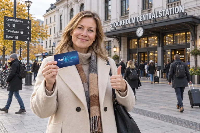 En person visar ett SkimSkydd RFID-skyddskort och gör tummen upp utanför Stockholms centralstation
