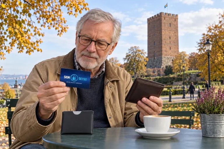 SkimSkydd RFID-skyddskort och plånbok i en vardagsscen utomhus vid Kärnan i Helsingborg