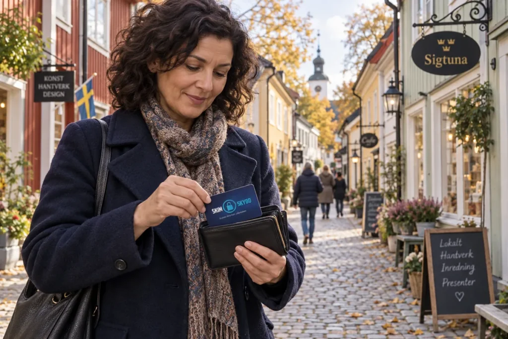 SkimSkydd RFID-skyddskort och plånbok i en vardagsscen utomhus vid Stora gatan i Sigtuna