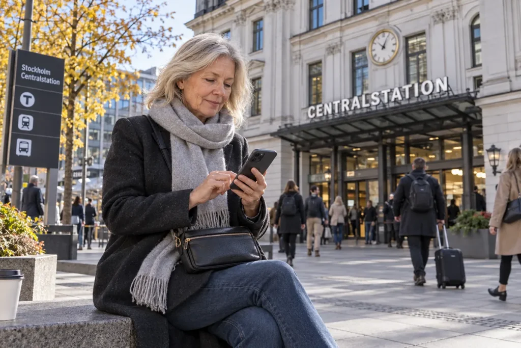 En person kontrollerar säkerhetsinställningar i mobilen utanför Stockholms centralstation