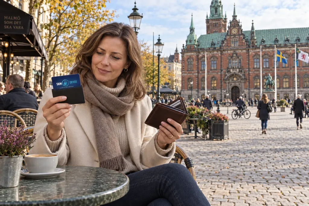 En person jämför kortförvaring på en uteservering på Stortorget i Malmö