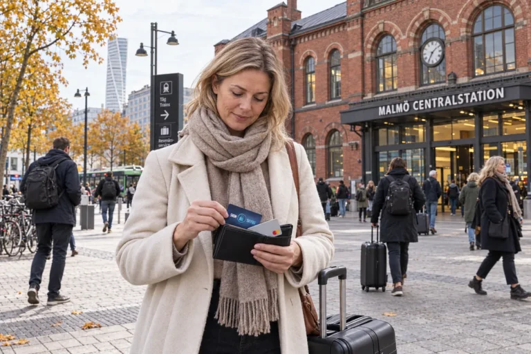 En resenär ordnar korten i plånboken utanför Malmö centralstation