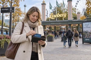 En person ordnar ett SkimSkydd RFID-skyddskort och bankkort i plånboken utanför Lisebergs entré i Göteborg