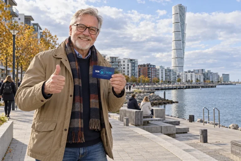 En person visar ett SkimSkydd RFID-skyddskort och gör tummen upp i Västra Hamnen i Malmö