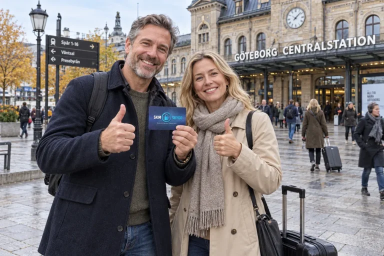 En person visar ett SkimSkydd RFID-skyddskort och gör tummen upp utanför Göteborgs centralstation