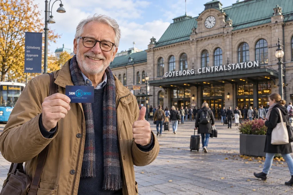 En person visar ett SkimSkydd RFID-skyddskort och gör tummen upp utanför Göteborgs centralstation