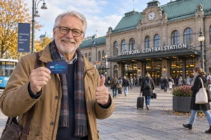 En person visar ett SkimSkydd RFID-skyddskort och gör tummen upp utanför Göteborgs centralstation