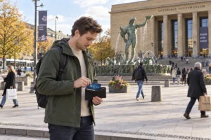 En person ordnar ett SkimSkydd RFID-skyddskort och bankkort i plånboken vid Poseidon på Götaplatsen