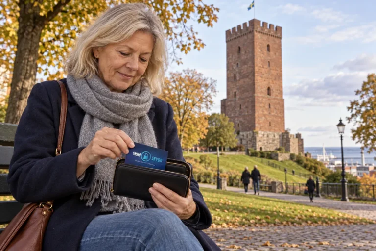 SkimSkydd RFID-skyddskort och plånbok i en vardagsscen utomhus vid Kärnan i Helsingborg