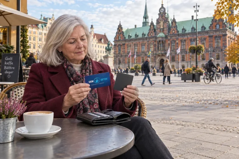 En person jämför kortförvaring på en uteservering på Stortorget i Malmö