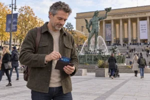 En person ordnar ett SkimSkydd RFID-skyddskort och bankkort i plånboken vid Poseidon på Götaplatsen