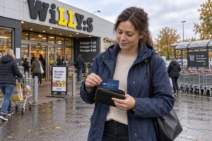 En person ordnar ett SkimSkydd RFID-skyddskort och bankkort i plånboken utanför en Willys-butik i Sverige