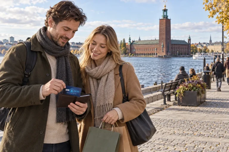 En person ordnar ett SkimSkydd RFID-skyddskort och bankkort i plånboken vid Stockholms stadshus