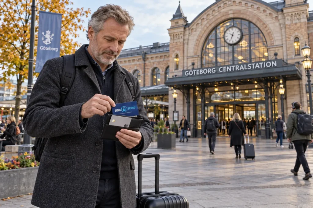 En resenär ordnar korten i plånboken utanför Göteborgs centralstation