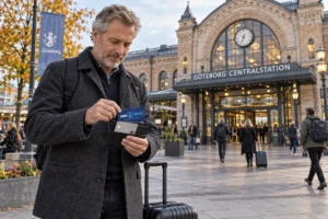 En resenär ordnar korten i plånboken utanför Göteborgs centralstation