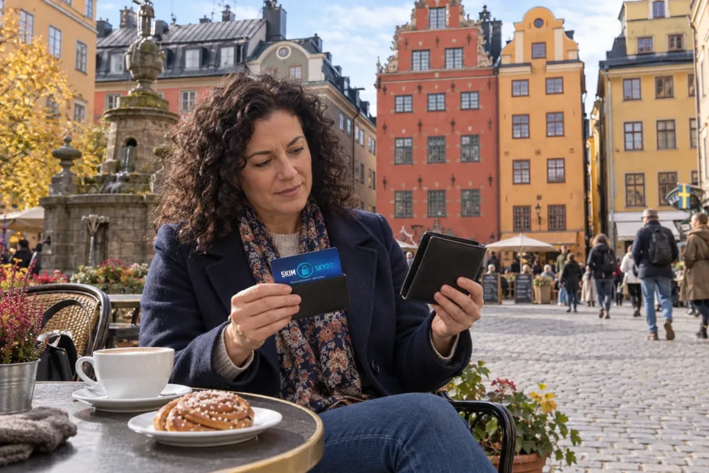En person jämför kortförvaring på en uteservering på Stortorget i Stockholm