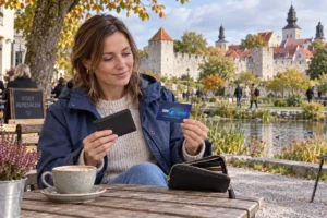 SkimSkydd RFID-skyddskort och plånbok i en vardagsscen utomhus vid Almedalen i Visby