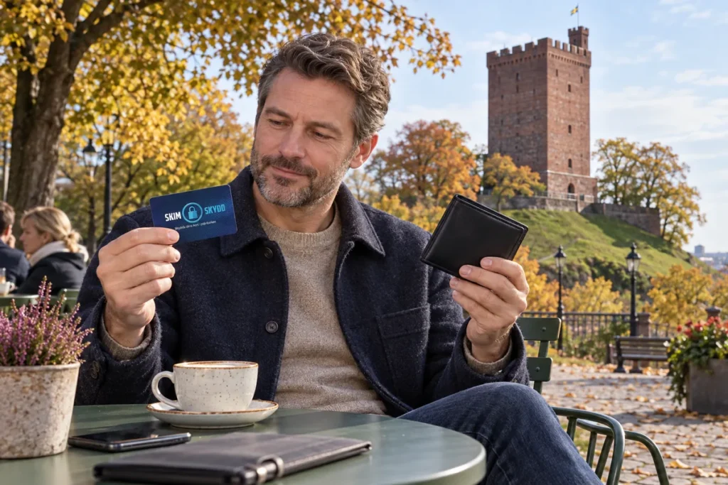 SkimSkydd RFID-skyddskort och plånbok i en vardagsscen utomhus vid Kärnan i Helsingborg