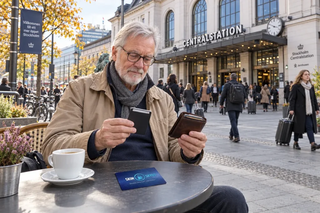 En person jämför kortförvaring på en uteservering utanför Stockholms centralstation
