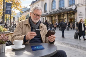 En person jämför kortförvaring på en uteservering utanför Stockholms centralstation