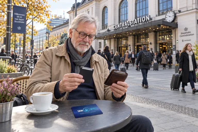En person jämför kortförvaring på en uteservering utanför Stockholms centralstation